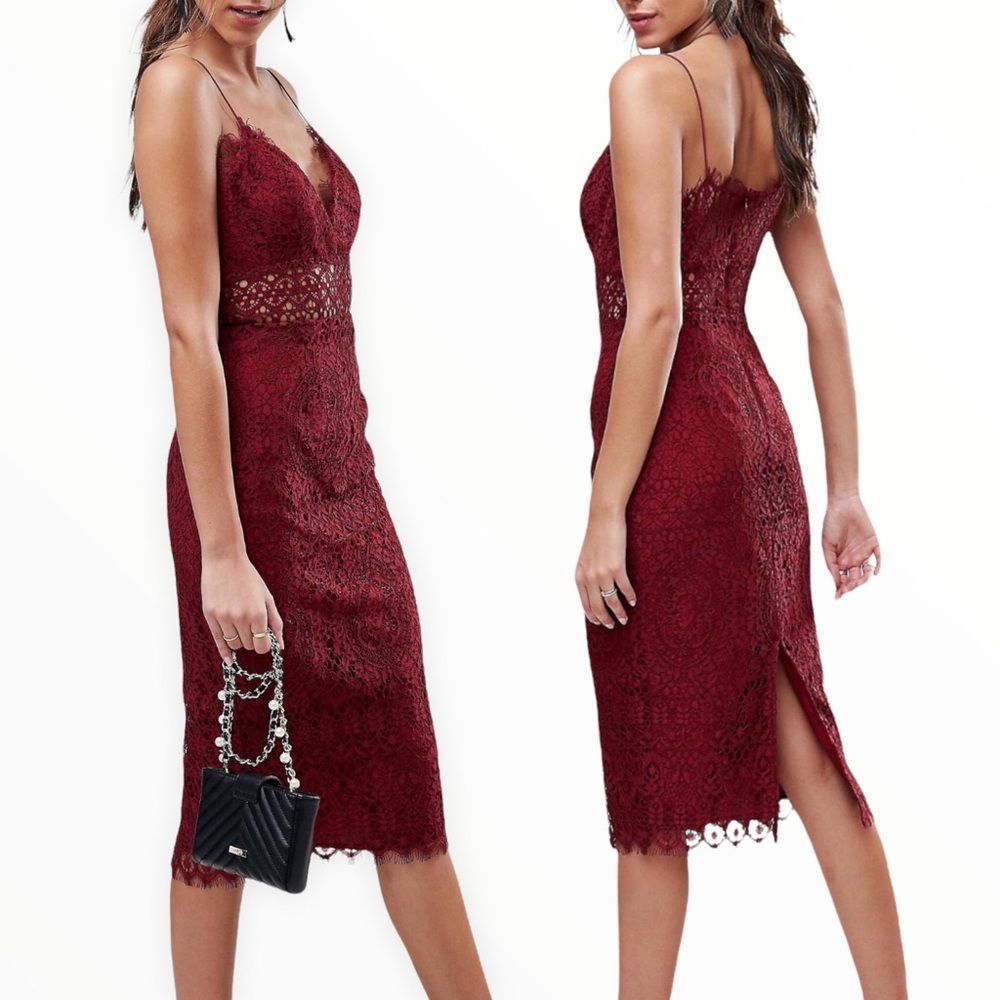 ASOS Petite Lace Inset Cami Strap Midi Pencil Dress Burgundy NWT size 2P